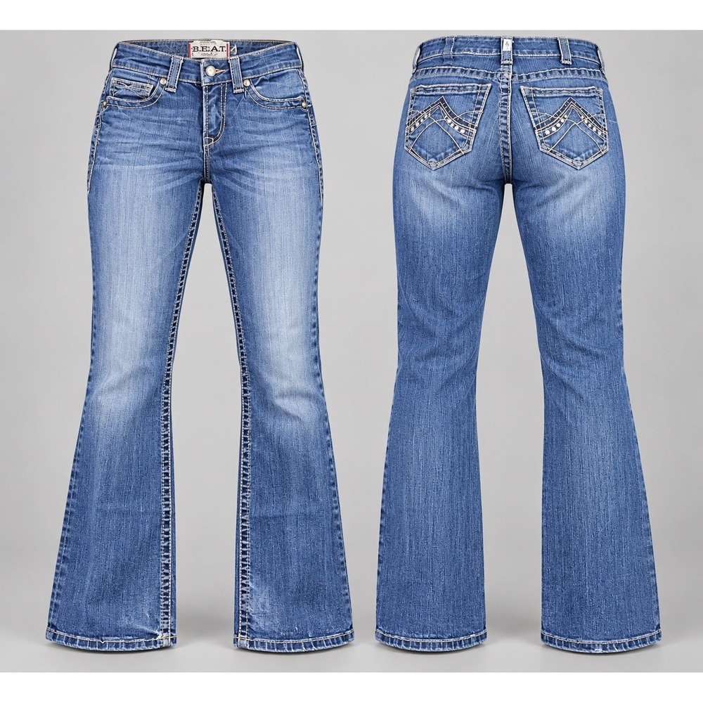 Ariat REAL Denim Jeans womens 26Sx28 Med Stretch Bootcut thick stitch whiskers